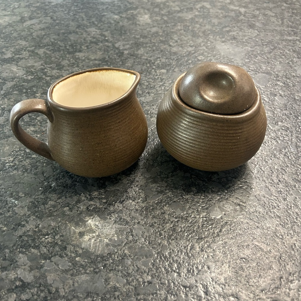 Sango Brown Ceramic Creamer and Lidded Sugar Bowl Set